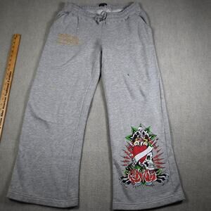 Ed Hardy Designs Gray Sweatpants – Skull Heart Tattoo Graphic – Size L